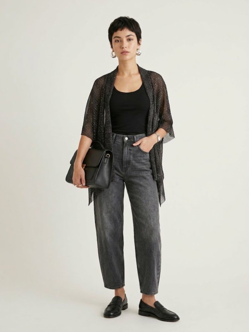 Nicole Paloma Hand Sewn Gauzy Open Knit Cardigan Wrap Black & White One Size